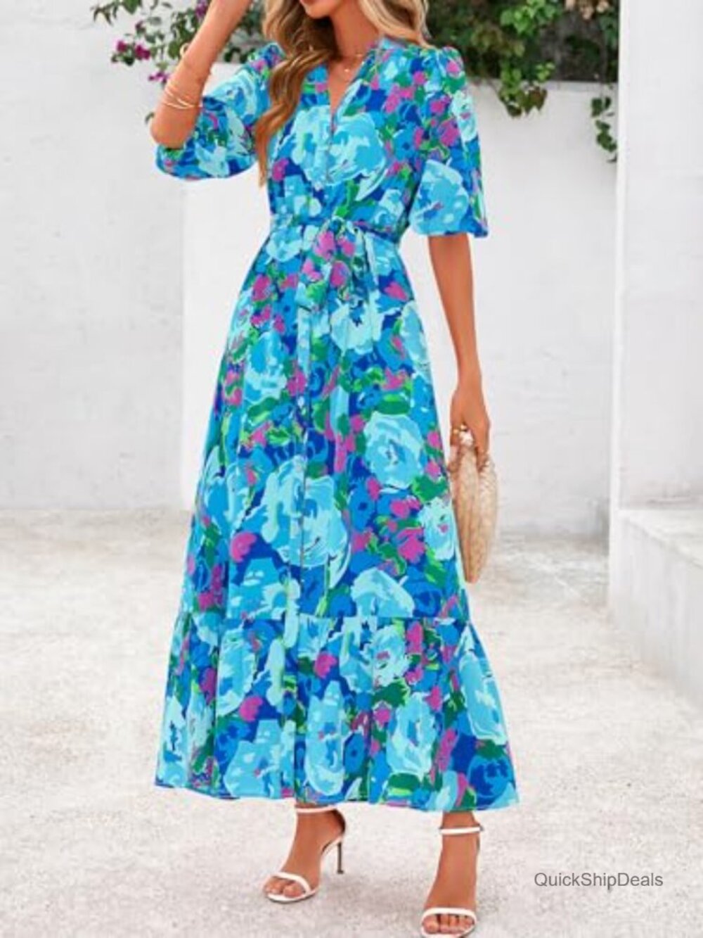 Floral Maxi Dress Boho V Neck 3/4 Puff Sleeve Button Down Tie Waist Flowy Long - Picture 4 of 7